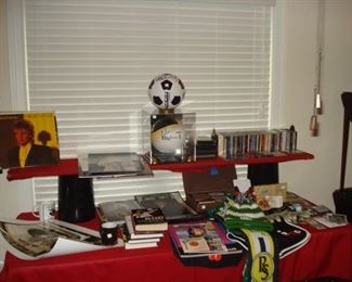 Signed Rod Stewart soccer balls, posters , tickets, short shorts, books, vinyl, CDs, scarves. hats.