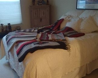 Native blankets multiple of sizes, Queen bedding, wine cabinet