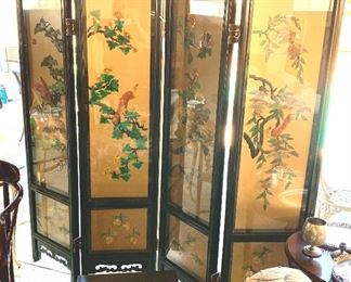 STUNNING glass enclosed Asian jade bird themed four panel screen. Double sided, hand painted. Just beautiful!