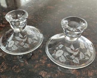 HALF OFF! $5.00 NOW, WAS $10.00.....................Etched Glass with Birds Candle Holders (H348)
