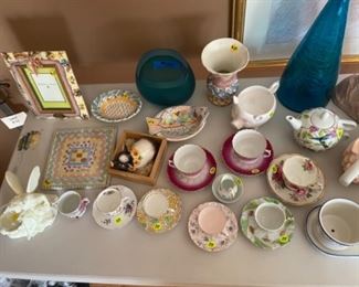 MacKenzie Childs and antique tea cups