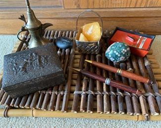105 Metalwork Box, Pens, Rocks Other Trinkets