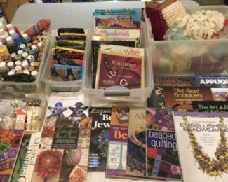 Paints, quilt fabrics, books on beading, can’t show them all, trims, buttons