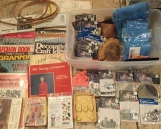 Embroidery hoops, Afghan books, craft books, mini mirrors dozens of packages, molds, wood for crafting, jewelry gift bags
