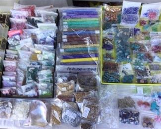 Metallic seed beads, shell, bone, stone beads, silver, gold, copper beads, 