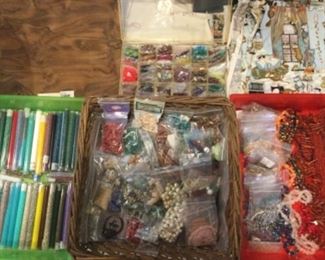 Sheets of veneer, seed beads, fun strands, larger beads, fabric