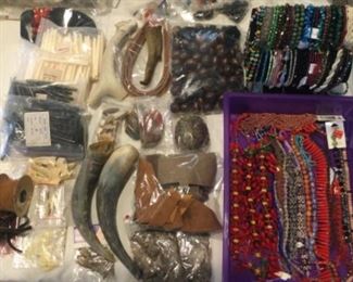 Beads, horns, shells, quilt blocks, 
