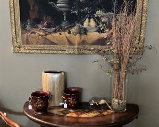 Small demilune table; tapestry