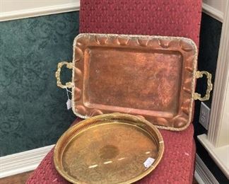One of two parson chairs; copper and brass trays
