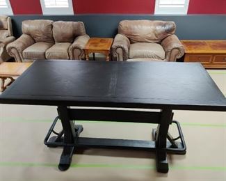 BAR HEIGHT STAND-UP BREW PUB TABLE WITH METAL FOOTREST & TRESTLE BASE Newly purchased from NFM for $1000 2 months ago.     
(OUR PRICE MUCH BETTER) - $500