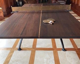DISTRICT EIGHT SOLID WOOD & BRASS INLAY PING PONG TABLE W/CAST IRON BASE! NET IS TOOLED LEATHER. RETAILS FOR $5100!!!!