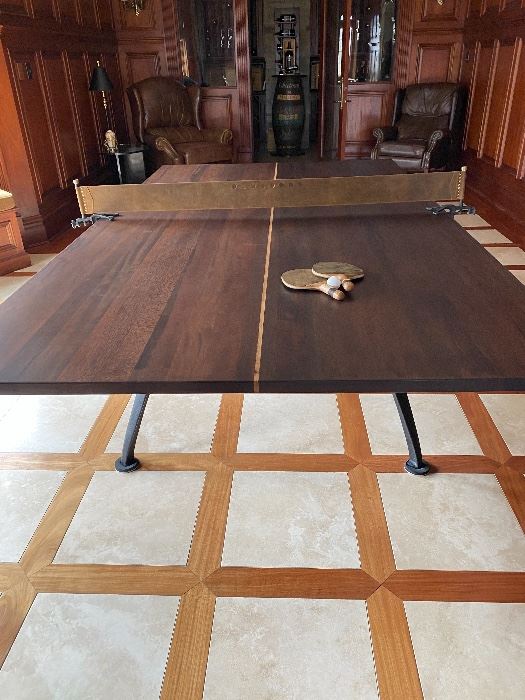 DISTRICT EIGHT SOLID WOOD & BRASS INLAY PING PONG TABLE W/CAST IRON BASE! NET IS TOOLED LEATHER. RETAILS FOR $5100!!!!