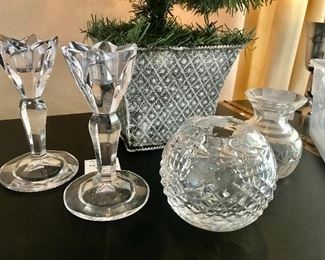 Waterford candlesticks, small vase, and rose bowl