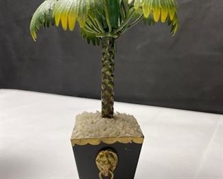 Tree candlesticks set in classical planter style bases with lion head ring handles, white stones, and ball feet.  Unknown origin