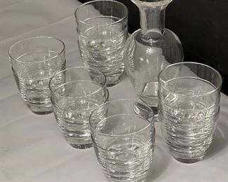 12 Steuben 1940's Old Fashioned Tumblers - Approx. 3.25" tall
1 Steuben Glass Decanter - Approx 8.5" tall.