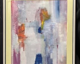 Painting by Fred Faviano. 
Modernist Colorful Abstract Oil on Canvas featuring a soft colorful palette. Signed on the front, matted and framed