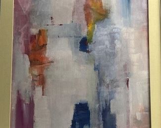 Painting by Fred Faviano. 
Modernist Colorful Abstract Oil on Canvas featuring a soft colorful palette. Signed on the front, matted and framed