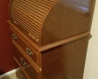 Solid wood roll top desk with three drawers, excellent condition