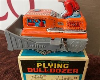 Vintage Small Wind-up Tin Litho Bulldozer in Box (Yone Japan)