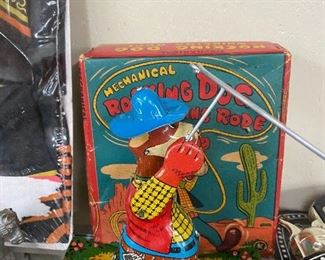 Tin Litho Windup Rocking Dog with Whirling Rope Japan with Box
