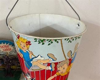 Nice Large Tin Litho Sand Pail with Red Wooden Handle
