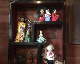 1950's Asian Style Shadow Box & Vintage Japan Figurines
