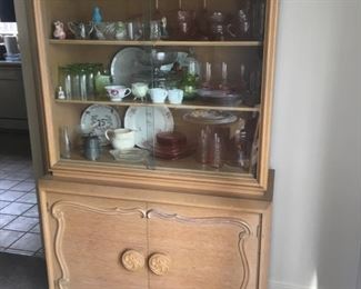 Blonde Mid-Century China Cabinet & Large, Varied Glassware Selection