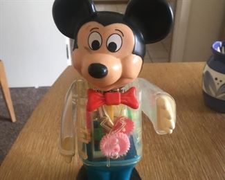 Vintage Wind-Up Mickey Mouse. Viewable Mechanical Moving Parts--Works!