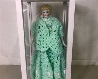 Porcelain Doll with Homemade Crotched Dress in Wooden and Plastic Doll Display Case 8 x 7 x 15 Inches Location Blue Corner Shelf