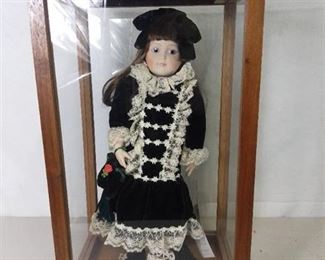 Franklin Heirloom Dolls in Wooden and Glass Doll Display Case - Porcelain Hand Painted Doll with Green Dress and White Lace