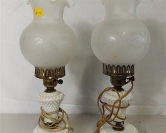 Lot of 2 Vintage Milk Glass Hobnail Lamps with Glass Frosted Shades - Not Tested
