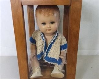Vintage Ideal Doll Brand Baby Doll in Wooden and Glass Display Case