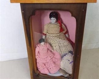 Lot of 3 Vintage Porcelain Dolls with Handmade Crocheted Dresses in Wooden and Plastic Display Case