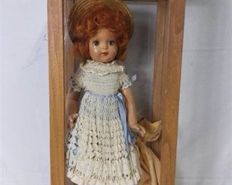 Vintage Ceramic Doll with Ginger Hair and Crocheted Blue and White Sun Dress in a Wooden and Glass Display Case