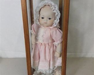 The Collectibles by Phyllis Parkins Porcelain Baby Doll in Pink Dress and Lace Bonnet in Wooden and Glass Display Case