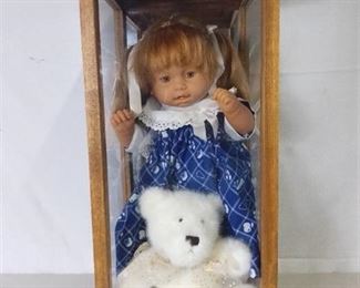 Boyds Bears White Bear and Vintage Baby Doll with Ginger Hair and Blue Fruit Dress in Wooden and Glass Display Case
