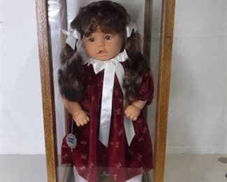 Original Vintage Lissi Doll with Brown Hair and Red Bow Dress Made in Germany in Wooden and Glass Display Case