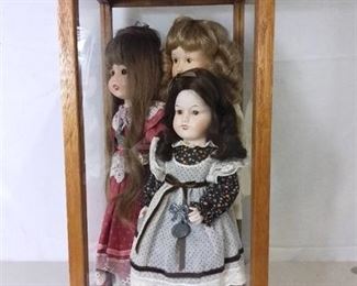 Lot of 3 Vintage Collectible Dolls in Wooden and Glass Display Case - Two of the Dolls are Colette Antiques and One is a Gorham Doll