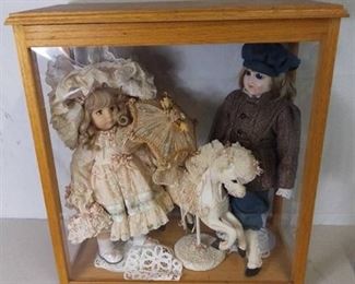 Lot of 3 Victorian Baby Dolls and Pony in Wooden and Glass Display Case - Gorham and Vlasta Brands
