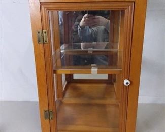 Wooden and Glass Display Case with Door, Mirror, Shelf and Built in Light - Light Has Not Been Tested