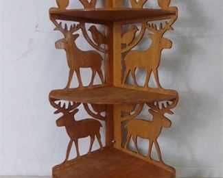 Medium Sized Wooden Corner Shelf with Animal Detailing Etched in Wood