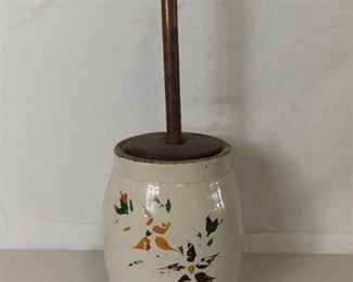 Small Vintage Ceramic and Wooden Butter Churn - Detailing is Faded off and Wooden Churn Slightly Broken