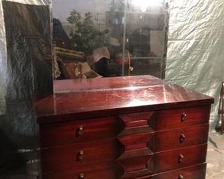 Thomasville Chair Company Mid-Century Modern Cherry Oak Dresser on Casters with Beveled Mirror 51.5 x 20.5 x 33 Inches Location: 1E