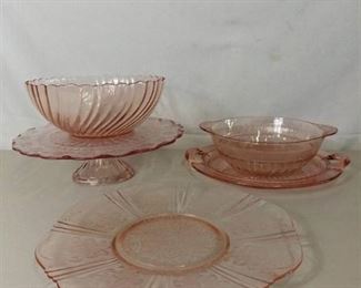Lot of 5 Pink Depression Glass Pieces - Cake Stand, Two Bowls, and Two Platters