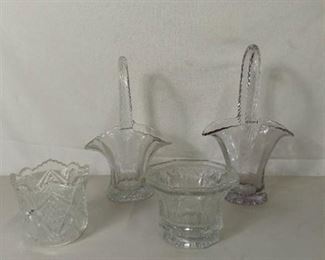 Lot of 4 Glass and Crystal Etched Flower Pieces - Two Flower Baskets with Handles and 2 Candles Holders