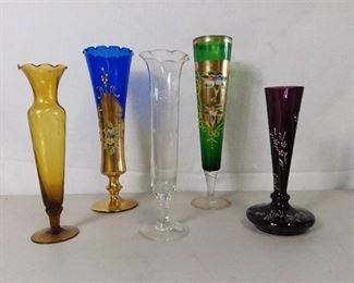 Lot of 5 Beautiful Hand Painted and Etched Rose Bud Vases- Norleans and Relpo Brands - Green with Gold Accents, Blue with Gold Accents, Amber, Clear and Purple
