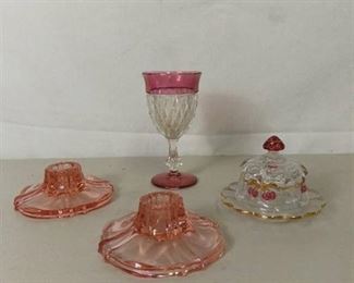 Lot of 4 Pink Glass Items - 2 Glass Candle Sticks, Small Butter Dish, and a Pink Small Stem Glass
