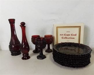 AVON 1876 Cape Cod Collection Year 1980 - Ruby Red Pieces from Cape Cod Collection - 3 Drinking Glasses, 8 Dessert Plates, and 2 Bottles
