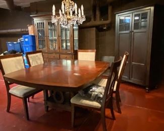 DINING TABLE, CHAIR AND CHANDELIER