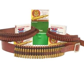 Lot of Approx. 200 Rounds of .340, .300, & .25-06 Ammunition W/ Ammo Belts